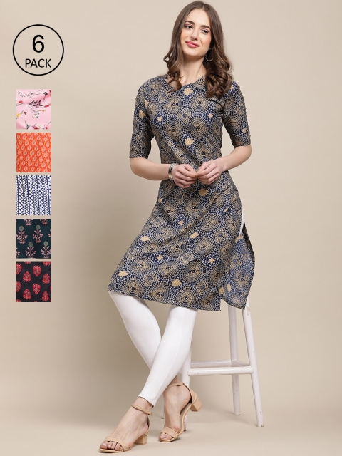 

1 Stop Fashion Pack Of 6 Women Printed Straight Crepe Kurta, Navy blue