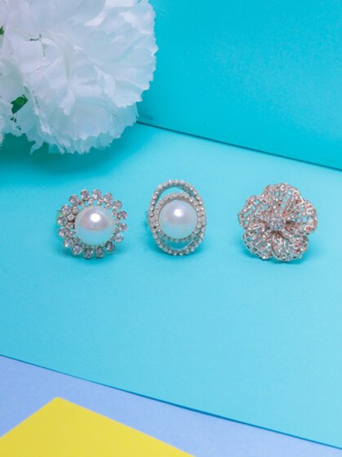 

DressBerry Pack Of 3 Gold-Plated & White Cubic Zirconia Studded Finger Rings