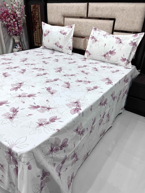 

Pure Decor White & Purple Floral 400 TC King Bedsheet with 2 Pillow Covers