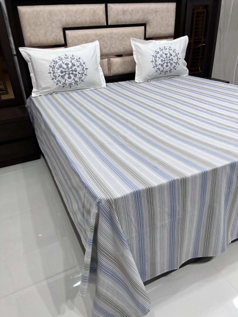 

Pure Decor Grey & Blue Striped Cotton 380 TC King Bedsheet with 2 Pillow Covers