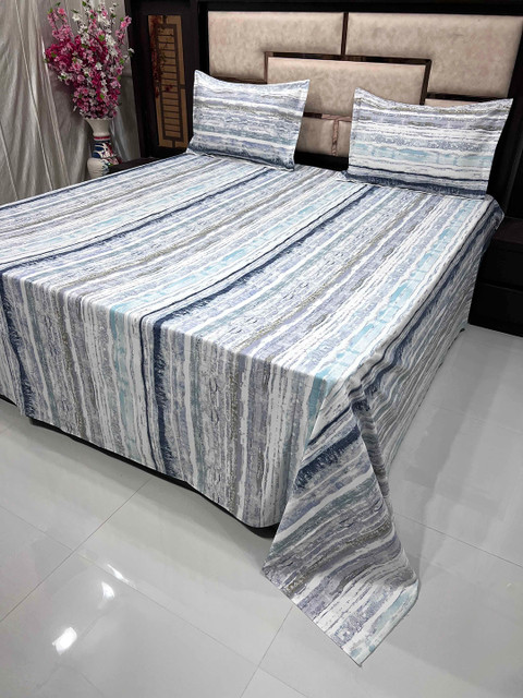 

Pure Decor Blue & Grey Printed Cotton 400 TC King Bedsheet with 2 Pillow Covers