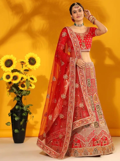 

Phenav Red & Gold-Toned Embroidered Ready to Wear Lehenga & Blouse With Dupatta