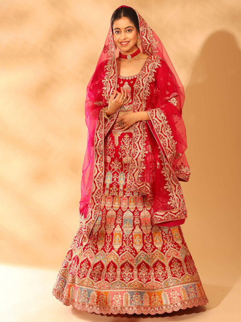 

Phenav Red & Gold-Toned Embroidered Ready to Wear Lehenga & Blouse With Dupatta