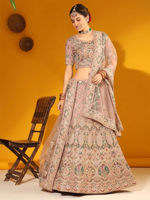 

Phenav Pink & Green Embroidered Ready to Wear Lehenga & Blouse With Dupatta