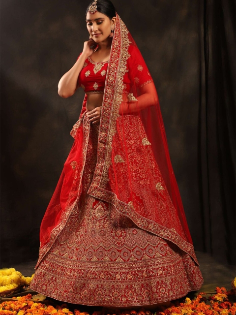 

Phenav Red & Gold-Toned Embroidered Ready to Wear Lehenga & Blouse With Dupatta