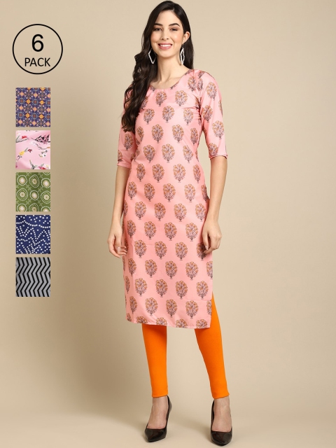 

1 Stop Fashion Women Pack Of 6 Printed Crepe Straight Kurta, Blue