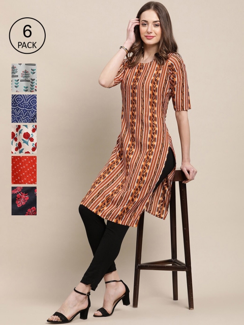 

1 Stop Fashion Women Pack Of 6 Printed Crepe Straight Kurta, Red