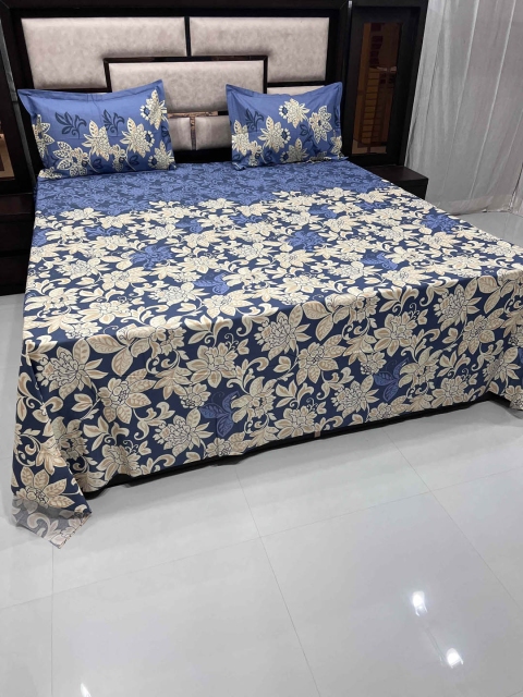 

Pure Decor Blue & Cream-Coloured Floral 380 TC King Bedsheet with 2 Pillow Covers