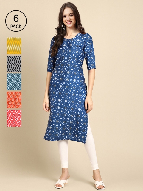 

1 Stop Fashion Women Pack Of 6 Printed Crepe Straight Kurta, Blue