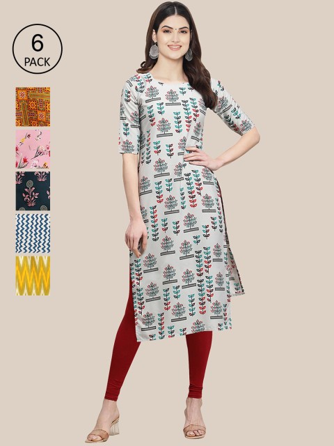 

1 Stop Fashion Women Pack of 6 Floral Summer Sheers Crepe Kurtas, Grey