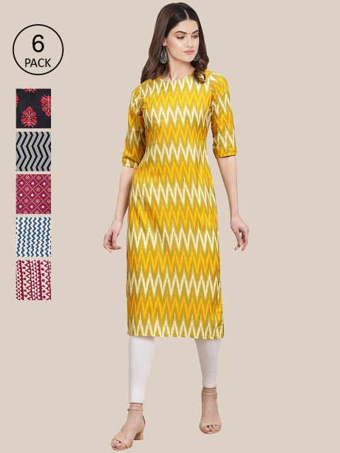 

1 Stop Fashion Women Pack of 6 Printed Summer Sheers Crepe Kurtas, Yellow
