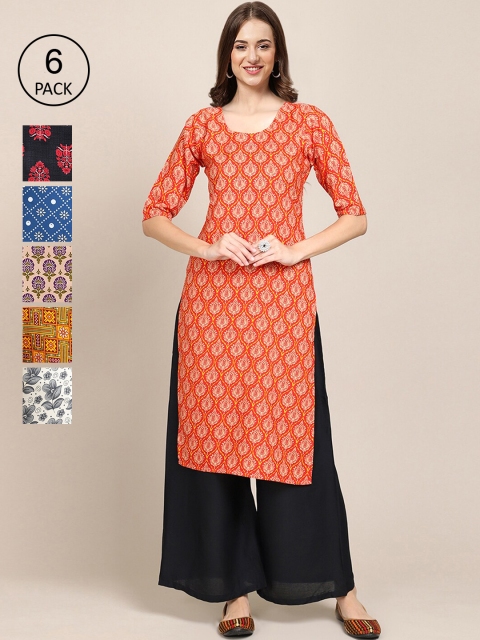 

1 Stop Fashion Women Pack of 6 Floral Printed Summer Sheers Crepe Kurtas, Orange