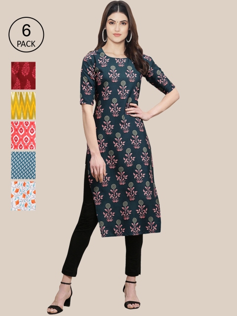 

1 Stop Fashion Women Pack Of 6 Printed Crepe Straight Kurta, Blue