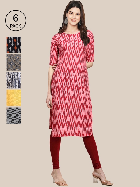 

1 Stop Fashion Women Pack of 6 Geometric Printed Summer Sheers Crepe Kurtas, Red