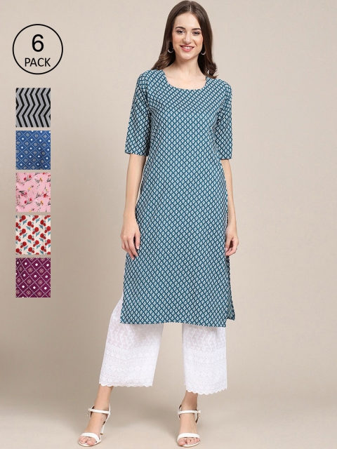 

1 Stop Fashion Women Pack Of 6 Printed Crepe Straight Kurta, Blue