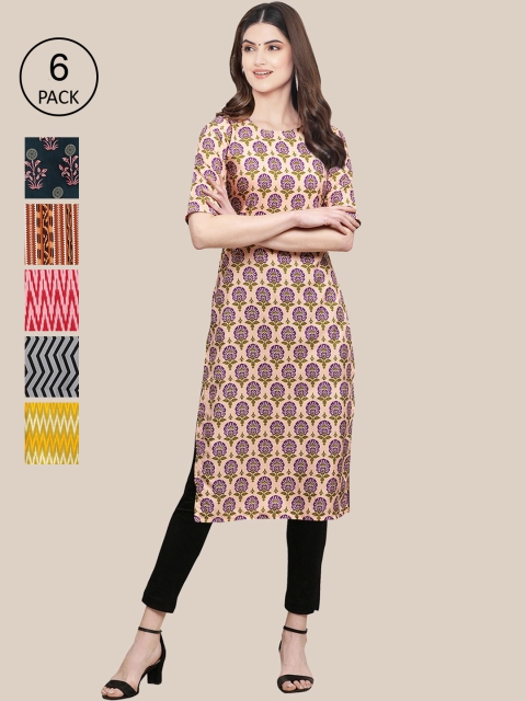 

1 Stop Fashion Women Pack Of 6 Printed Crepe Straight Kurta, Pink