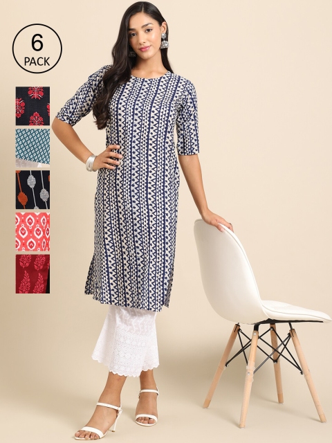 

1 Stop Fashion Women Pack Of 6 Printed Crepe Straight Kurta, Black