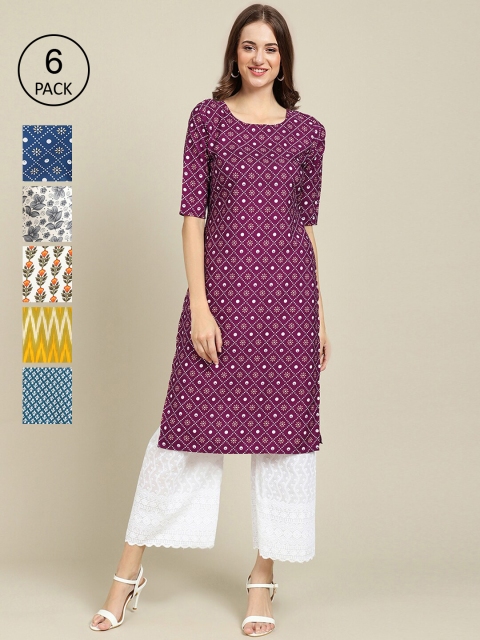 

1 Stop Fashion Women Pack Of 6 Printed Crepe Straight Kurta, Blue
