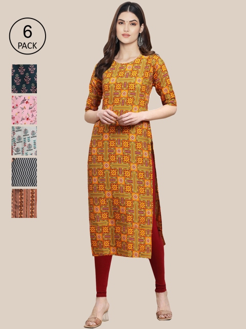 

1 Stop Fashion Pack Of 6 Women Printed Straight Crepe Kurta, Yellow
