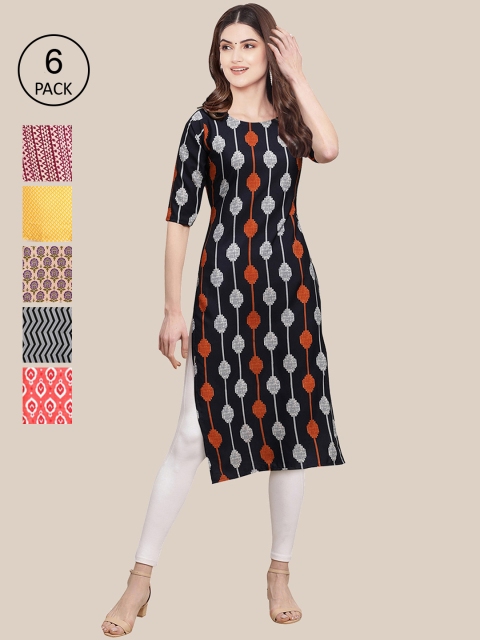 

1 Stop Fashion Pack Of 6 Women Printed Straight Crepe Kurta, Black