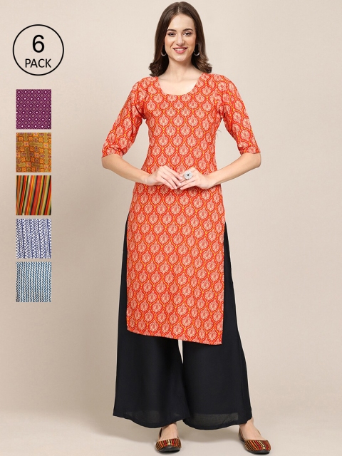 

1 Stop Fashion Women Pack of 6 Printed Summer Sheers Crepe Kurtas, Orange
