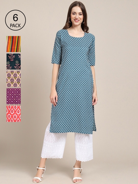 

1 Stop Fashion Women Pack of 6 Geometric Printed Summer Sheers Crepe Kurtas, Blue