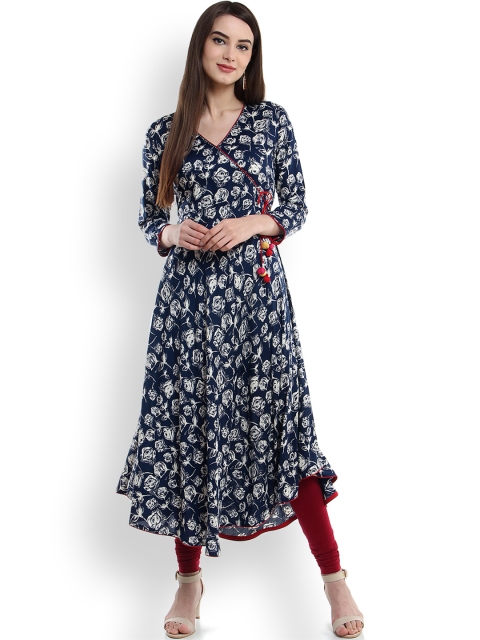 

Tissu Women Navy Blue & Off-White Floral Printed Angrakha Kurta