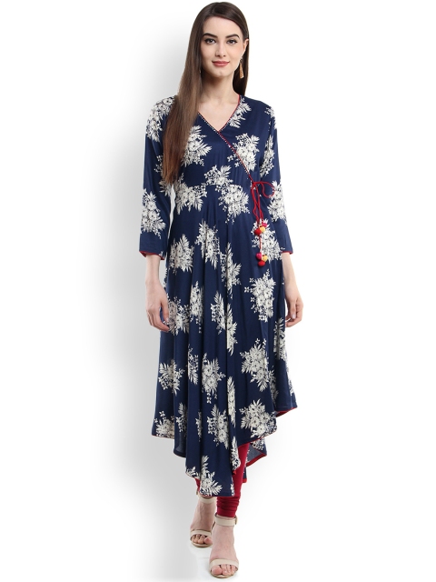 

Tissu Women Navy & Off-White Printed Angrakha Kurta, Navy blue