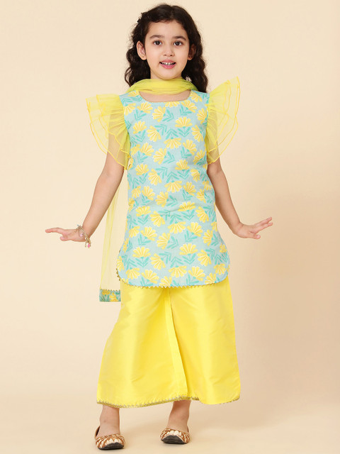 

A T U N Girls Blue Floral High Slit Pure Cotton Kurti With Palazzos & With Dupatta