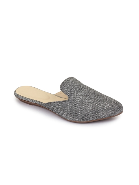 

REEZZ Women Silver-Toned Woven Design Mules