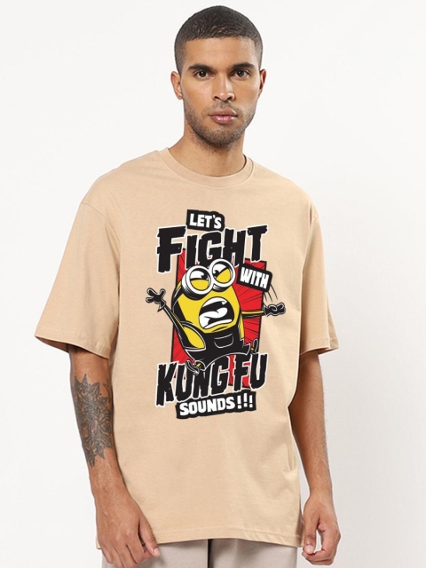 

Bewakoof Men Brown Printed Loose Cotton T-shirt, Beige