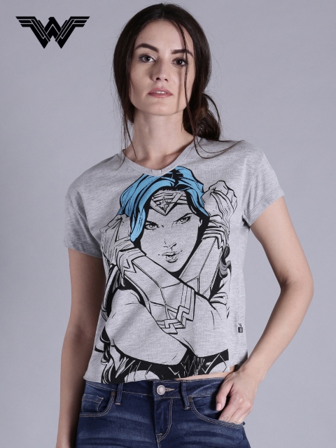 

Wonder Woman Women Grey Printed V-Neck Crop T-shirt