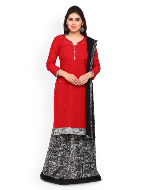 

Saree mall Red & Black Cotton Blend Dress Material with Stitched Skirt