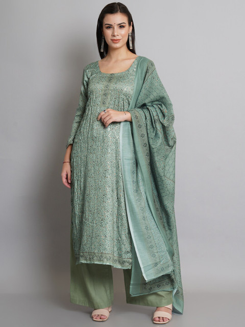 

Stylee LIFESTYLE Green & Yellow Printed Unstitched Dress Material