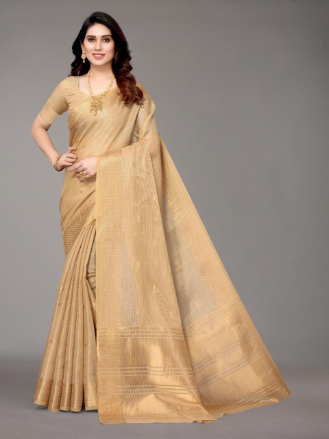 

Winza Designer Beige & Gold-Toned Woven Design Zari Linen Blend Banarasi Saree