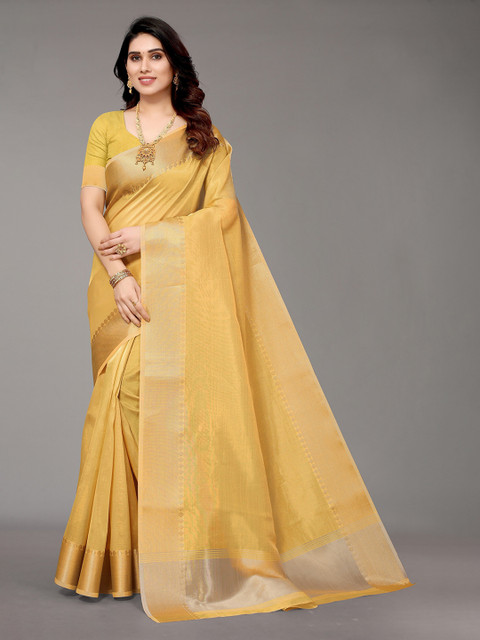 

Winza Designer Yellow & Gold-Toned Zari Silk Blend Banarasi Saree