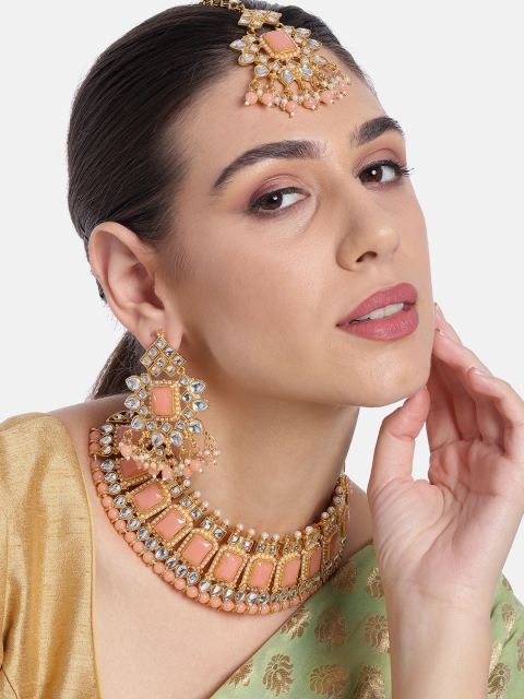 

Peora Gold-Plated & Peach Coloured Pearl Beaded Kundan Studded Jewellery set