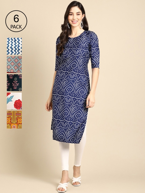 KALINI Women Pack of 6 Ethnic Motifs Printed Crepe Kurta, Multi