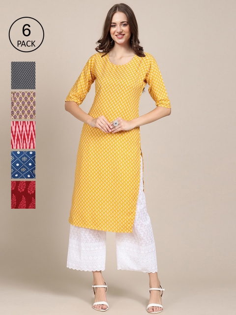 

KALINI Women Pack Of 6 Printed Crepe Kurta, Multi