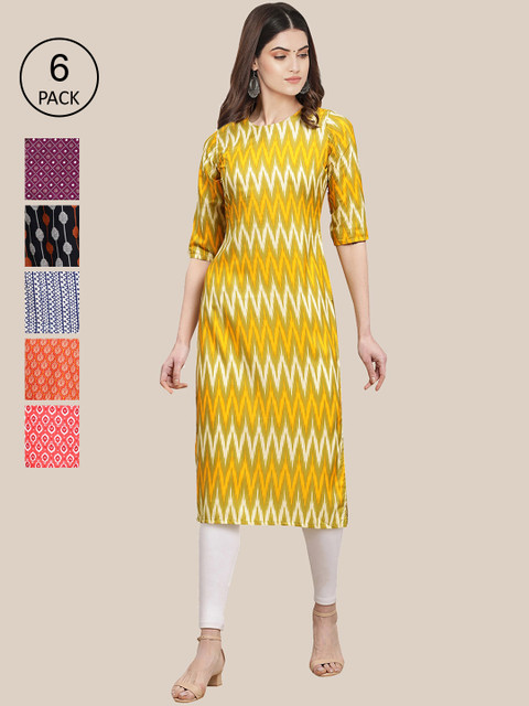 

KALINI Women Pack of 6 Digital Printed Crepe Straight Kurtas, Yellow
