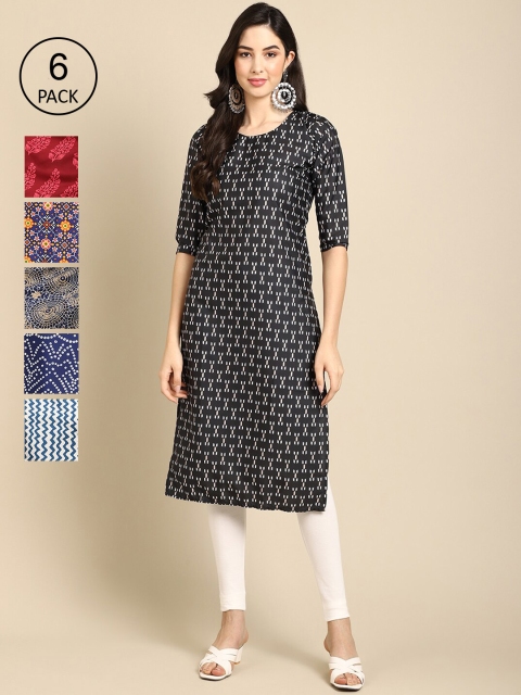 

KALINI Women Pack of 6Black & Red Ethnic Motifs Printed Crepe Kurta, Black