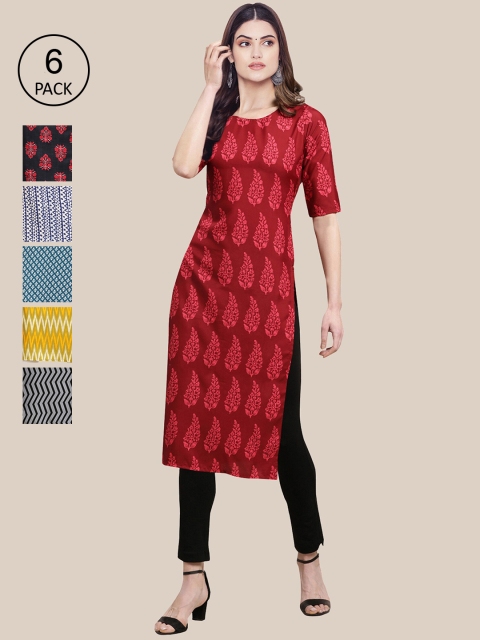 

KALINI Women Multicoloured Pack of 6 Ethnic Motifs Printed Crepe Kurta, Multi