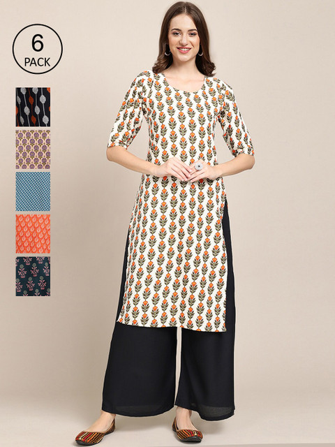 

KALINI Women Pack Of 6 Printed Crepe Kurta, Orange
