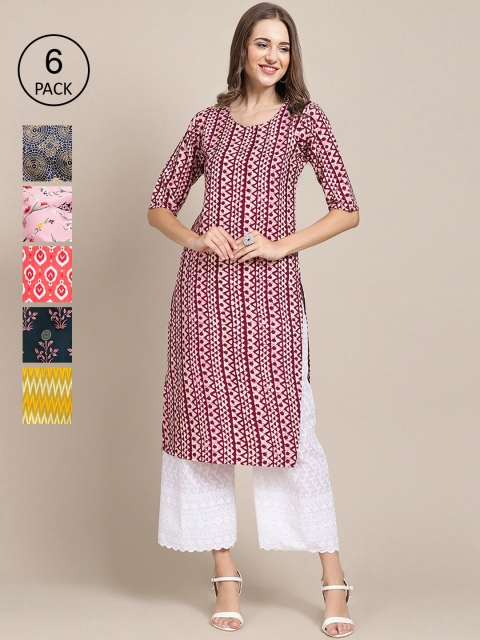 

KALINI Women Pack Of 6 Geometric Printed Crepe Kurta, Multi