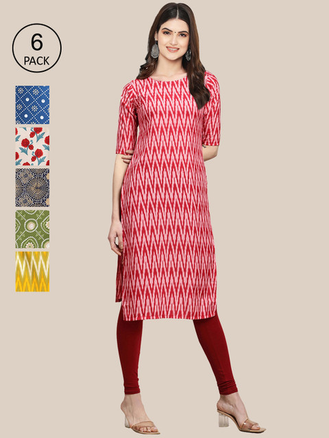 

KALINI Women Pack Of 6 Ethnic Motifs Printed Crepe Kurta, Blue