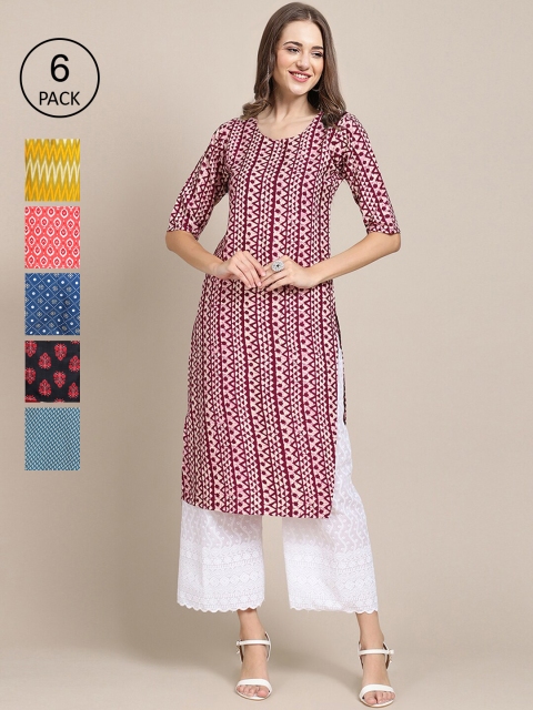KALINI Women Pack Of 6 Printed Crepe Kurta, Purple