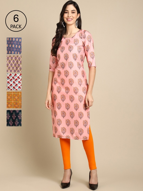 

KALINI Women Pack Of 6 Printed Keyhole Neck Crepe Kurta, Pink
