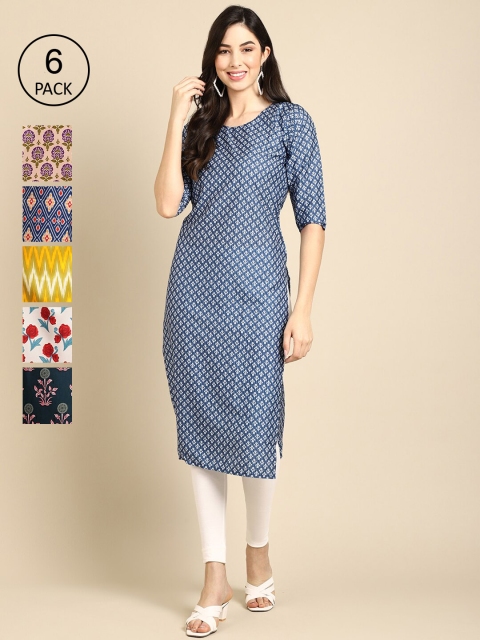 

KALINI Women Pack of 6 Ethnic Motifs Printed Crepe Kurta, Blue