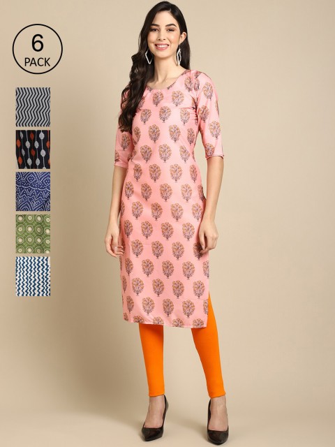 

KALINI Women Pack of 6 Geometric Printed Summer Sheers Crepe Kurta, Pink