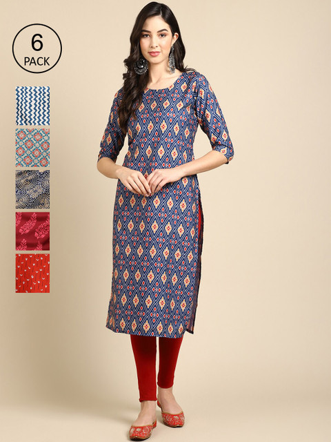 

KALINI Women Pack Of 6 Printed Crepe Straight Kurta, Blue